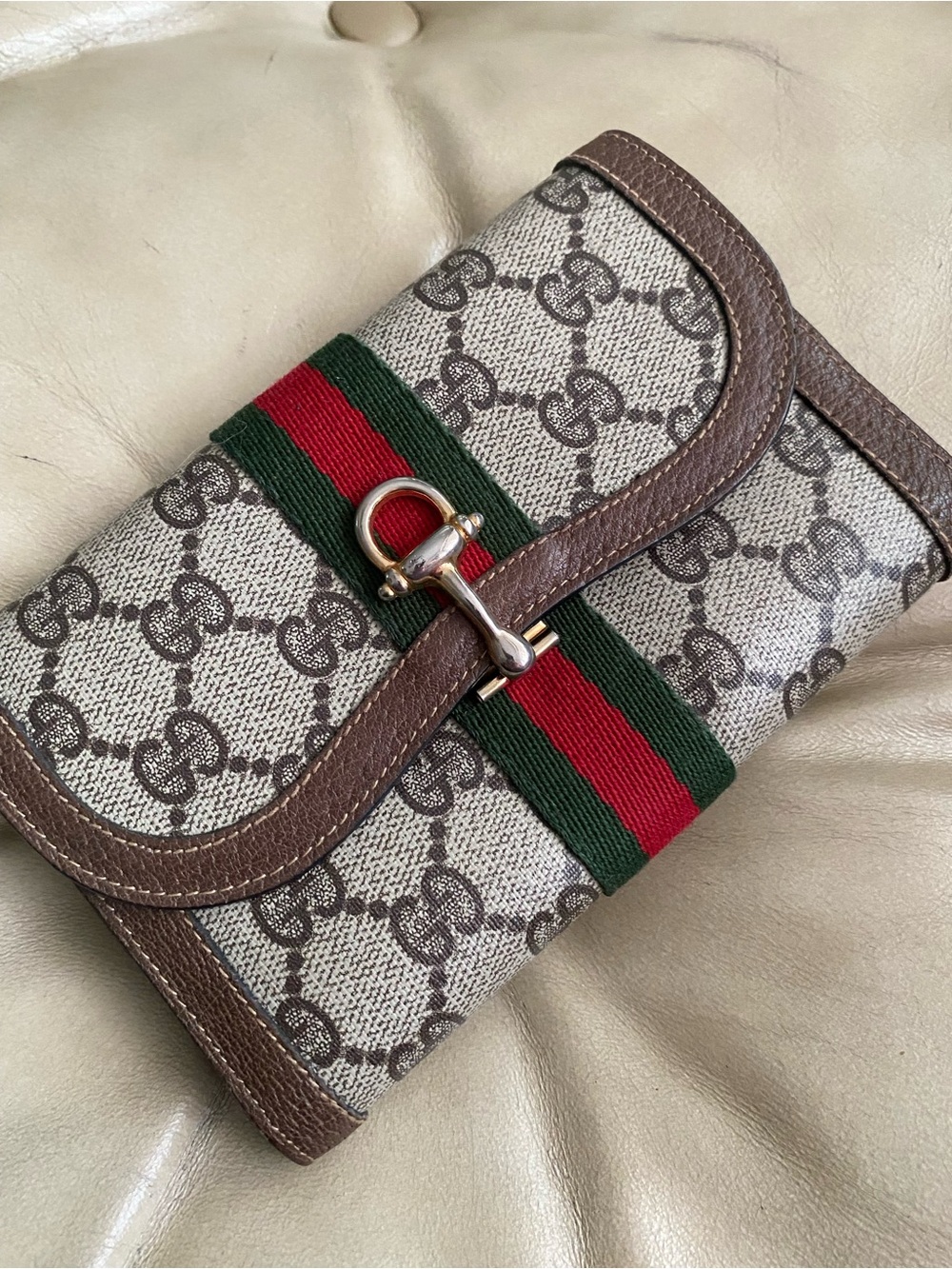 Vintage GUCCI Clutch Wallet Horsebit Clasp GG Leather Web Stripe Kisslock Coin - Picture 3 of 12